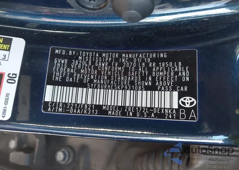 2019 Toyota Corolla Le из США, поврежденный, VIN 5YFBURHE5KP931085